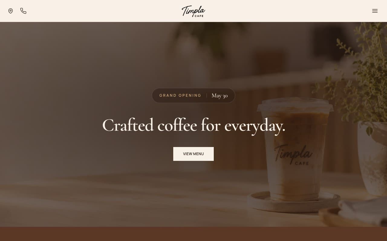 Timpla Cafe coffee shop website homepage