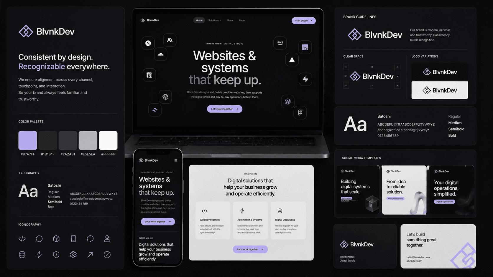 BlvnkDev brand guidelines showing logo, colors, typography, and UI components.