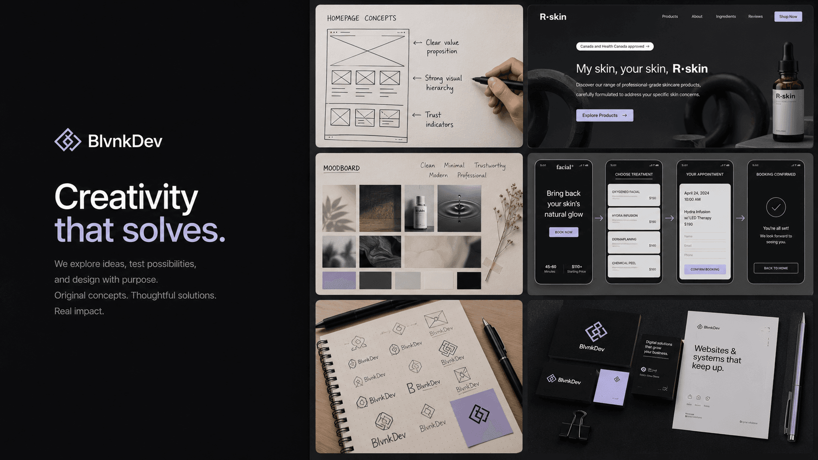 Design process collage with wireframes, mockups, moodboards, and brand assets.