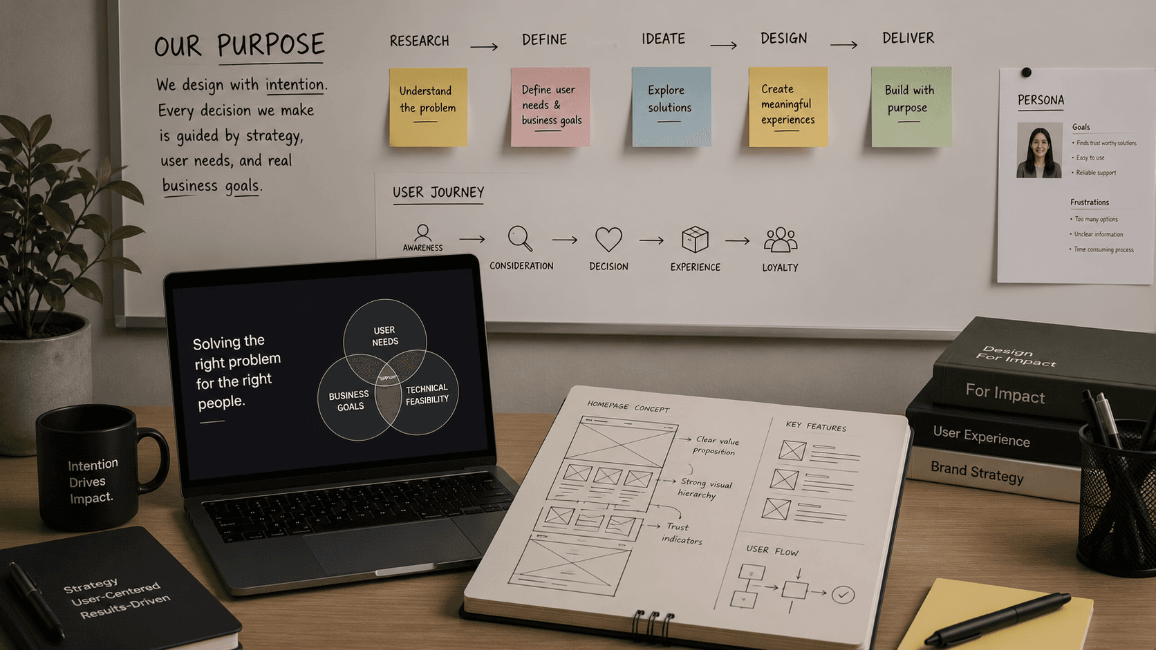 Creative workspace with strategy whiteboard, wireframes, and design books.